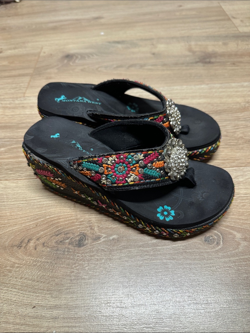 Montana West Black Wedge Sandals with Multicolor Embroidered Straps
